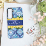Lemon Blue Tile Backsplash Monogram Samsung Galaxy Case<br><div class="desc">Stylish Lemons and Mediterranean Blue Tiles Monogrammed Galaxy Case. Unique and trendy watercolor lemons, greenery leaves on a blue tile background with a custom monogram template and elegant calligraphy script name template. This pretty green, yellow, blue and white botanical galaxy s22 phone cover would make a thoughtful gift for mum,...</div>