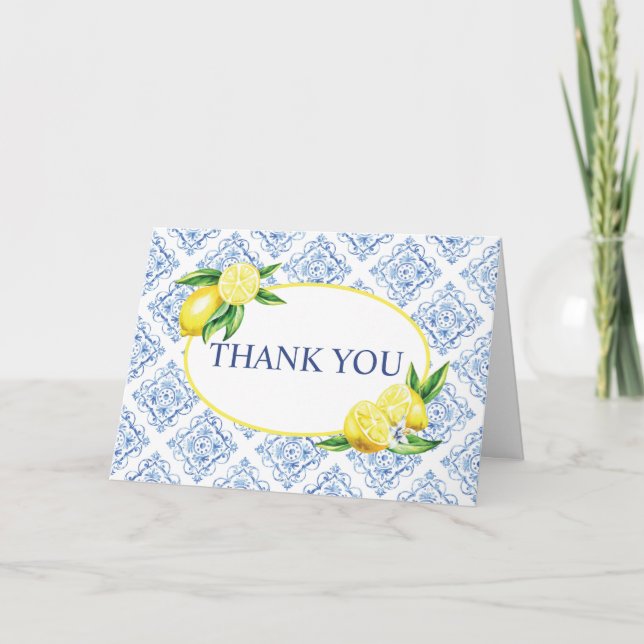 Lemon Blue Tile Italian Thank You Card (Front)