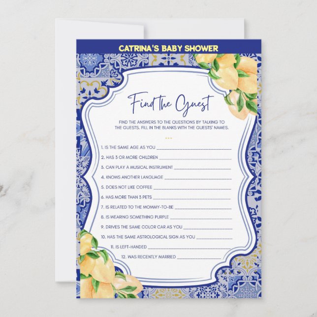 Lemon Blue Tiles Baby Shower - Editable Name, 5x7 Invitation (Front)