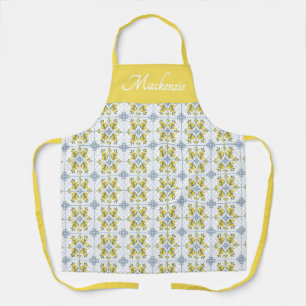 Lemon Blue Watercolor French Country Name Monogram Apron