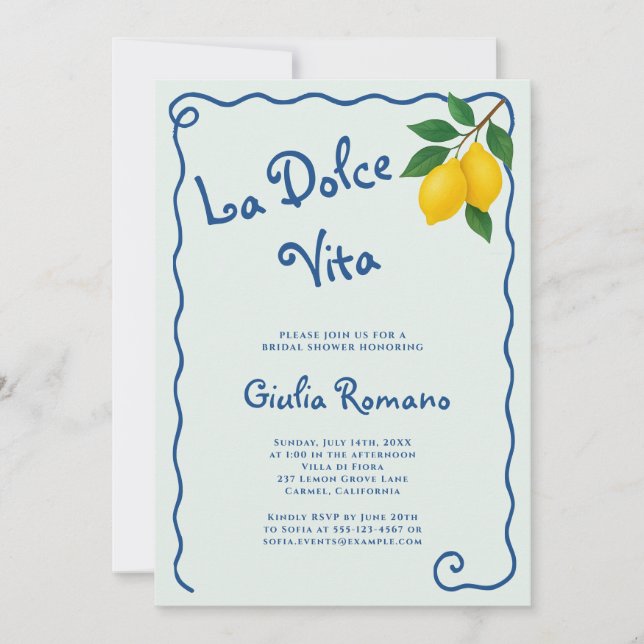 Lemon Blue Whimy Frame La Dolce Vita Bridal Shower Invitation (Front)
