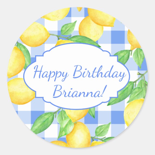 Lemon Blue White Gingham Custom Classic Round Sticker (Front)