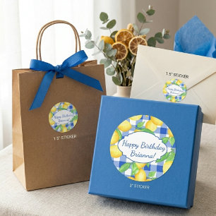 Lemon Blue White Gingham Custom Classic Round Sticker