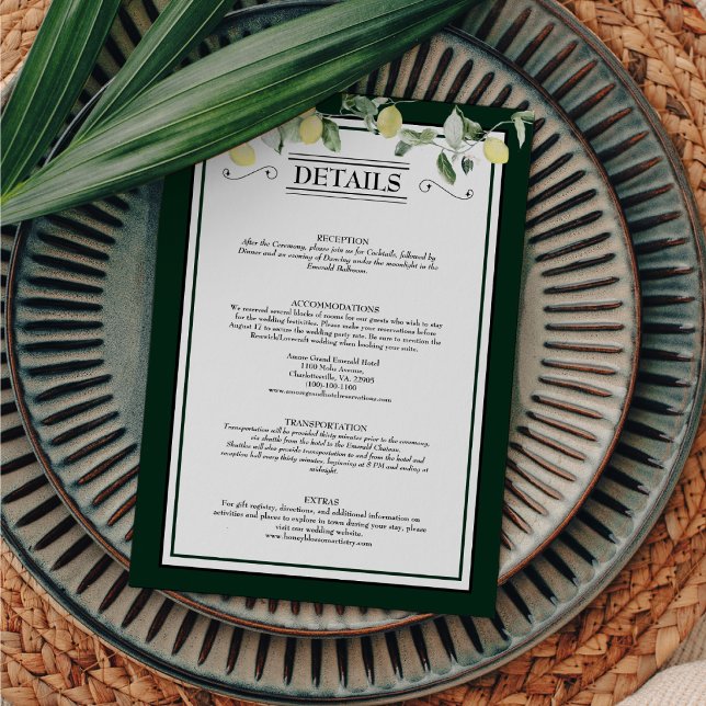 Lemon Border Floral Emerald Green Wedding Details Enclosure Card (Creator Uploaded)