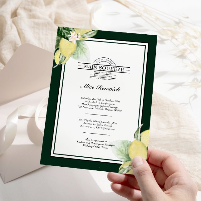 Lemon Border Green Main Squeeze Bridal Shower Invitation (Creator Uploaded)