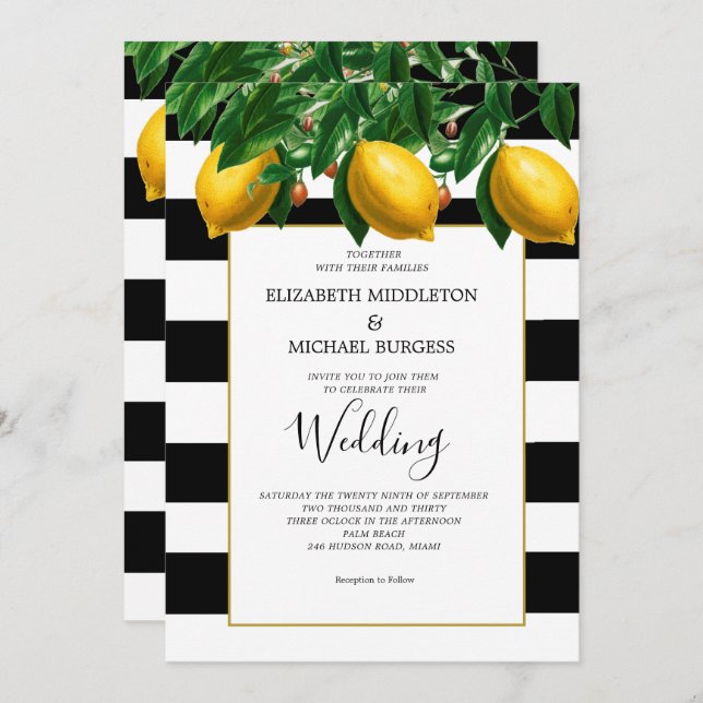 Lemon Botanical Black White Stripe  Wedding Invitation (Front/Back)