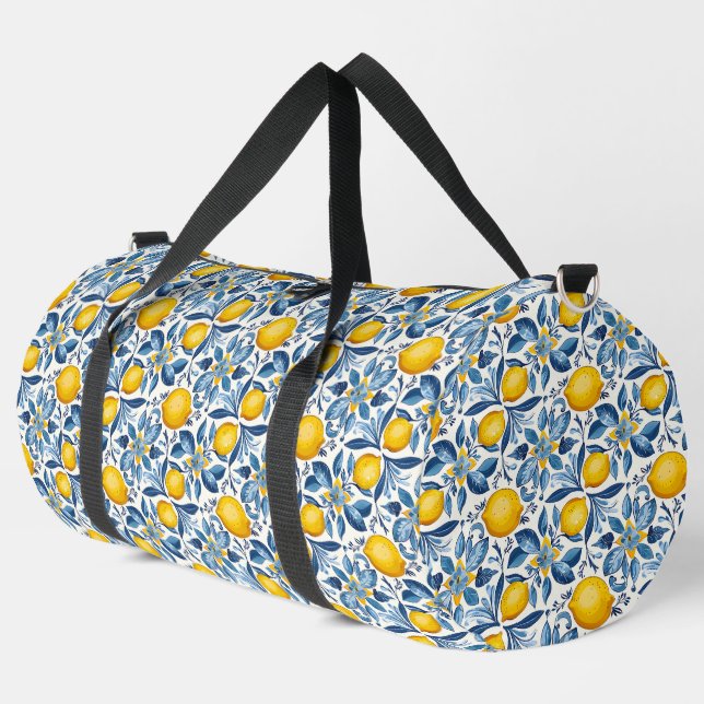 Lemon Botanical Blue and Yellow Summer Print Duffle Bag (Left Corner)