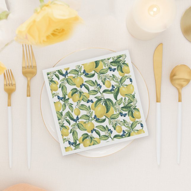 Lemon Botanical Blue Butterflies Napkin (Creator Uploaded)