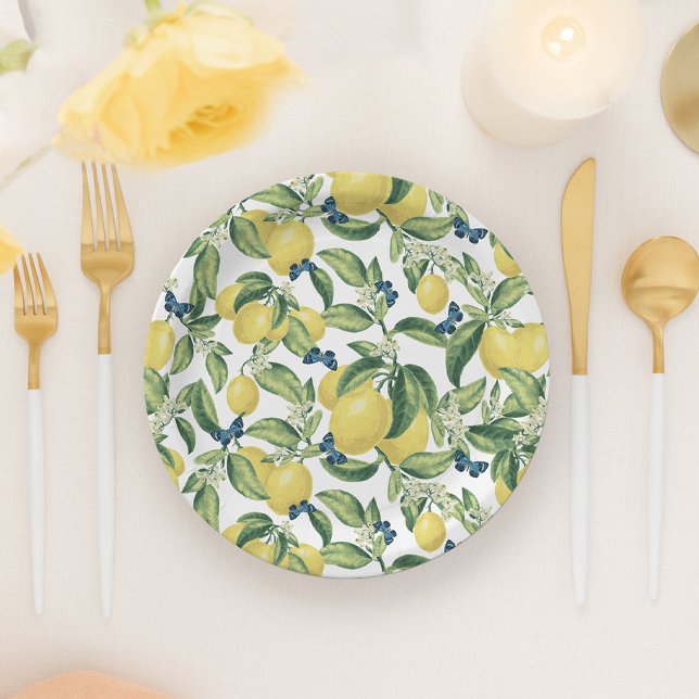 Lemon Botanical Blue Butterflies Paper Plate (Creator Uploaded)