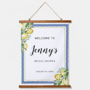 Lemon Botanical Blue Tile Bridal Shower Welcome Hanging Tapestry