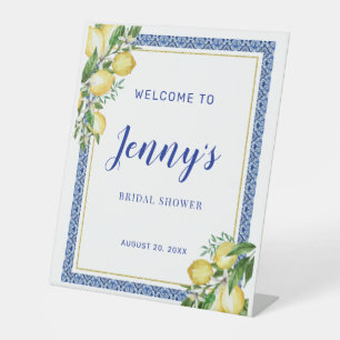 Lemon Botanical Blue Tile Bridal Shower Welcome Pedestal Sign