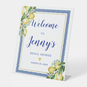 Lemon Botanical Blue Tile Bridal Shower Welcome Pedestal Sign