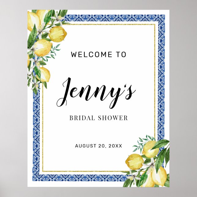 Lemon Botanical Blue Tile Bridal Shower Welcome Poster (Front)