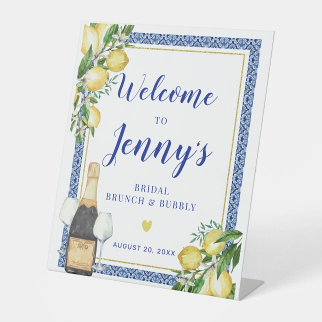 Lemon Botanical Blue Tile Brunch Bubbly Welcome Pedestal Sign (Front)