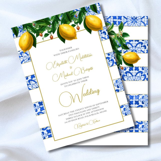 Lemon Botanical Blue Tile Stripe  Wedding  Invitation (Creator Uploaded)