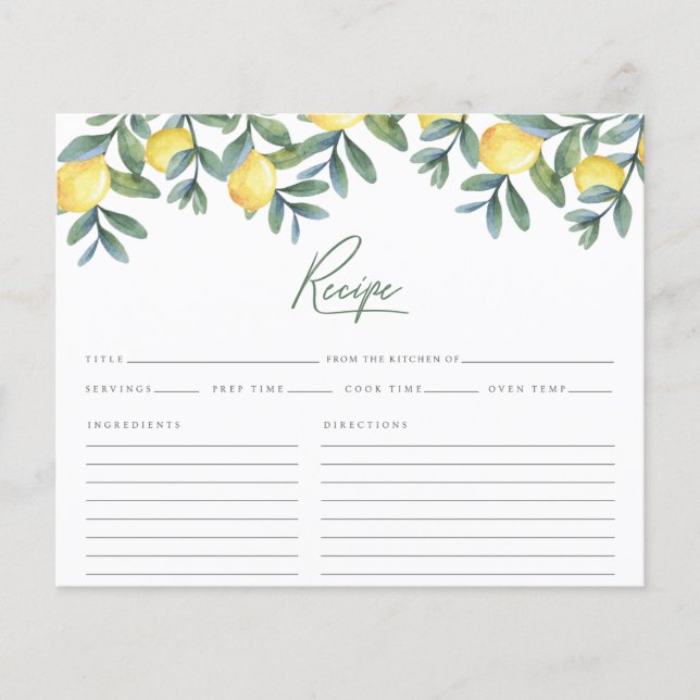 Lemon Botanical Bridal Shower Recipe Card (Front)