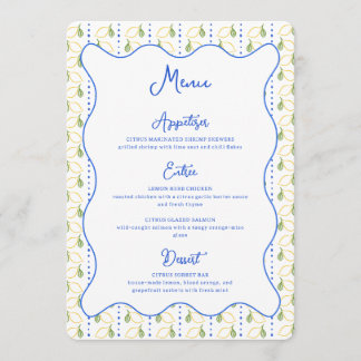 Lemon Botanical Citrus Blue & Yellow Chic Wedding Menu