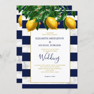 Lemon Botanical Navy White Stripe Marble Wedding Invitation