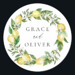 Lemon Botanical Wreath with Greenery Wedding Classic Round Sticker<br><div class="desc">Add a fresh and vibrant touch to your wedding with this customisable sticker featuring a watercolor wreath of lemons, greenery, and lemon blossoms. This design brings a bright, natural feel to your celebration. Personalise it with your names for a special touch. Perfect for invitations, wedding favours, or decor, this elegant...</div>