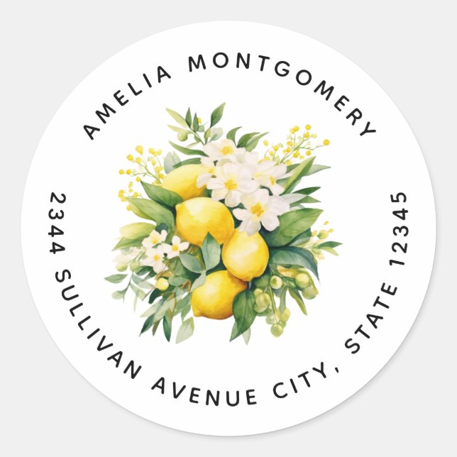 Lemon Bouquet with White Blossoms - Address Classic Round Sticker (Front)