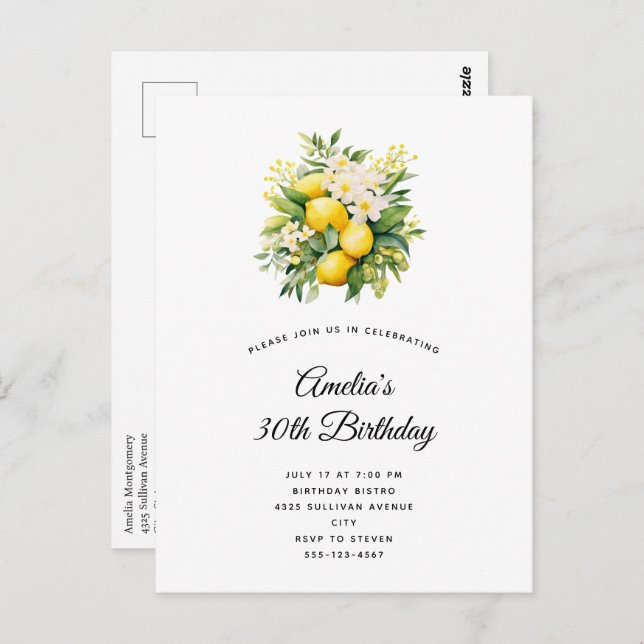 Lemon Bouquet with White Blossoms Birthday Postcard (Front/Back)