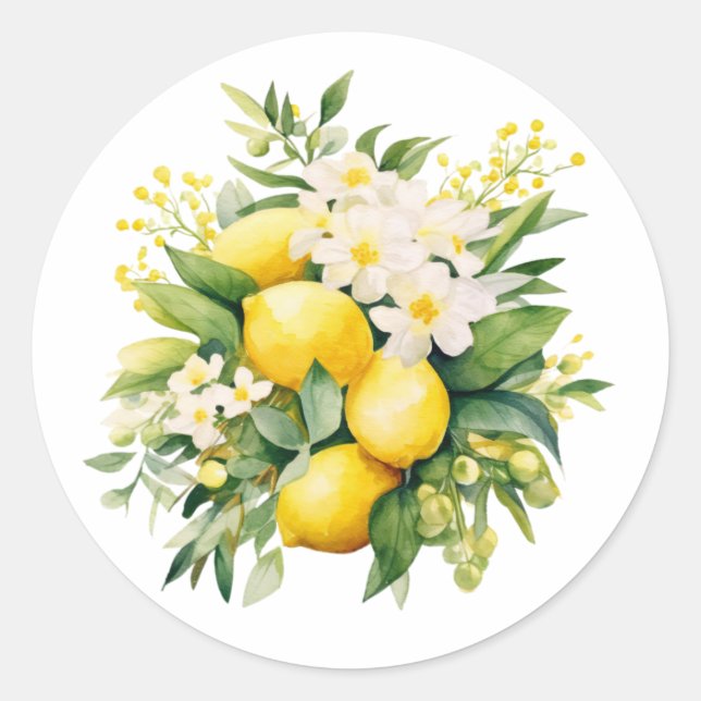 Lemon Bouquet with White Blossoms Classic Round Sticker (Front)