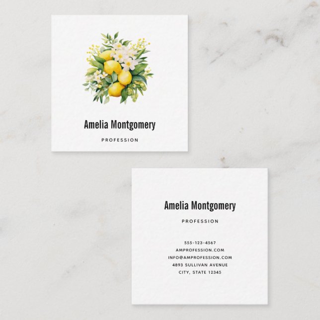 Lemon Bouquet with White Blossoms Square Business Card (Front/Back)
