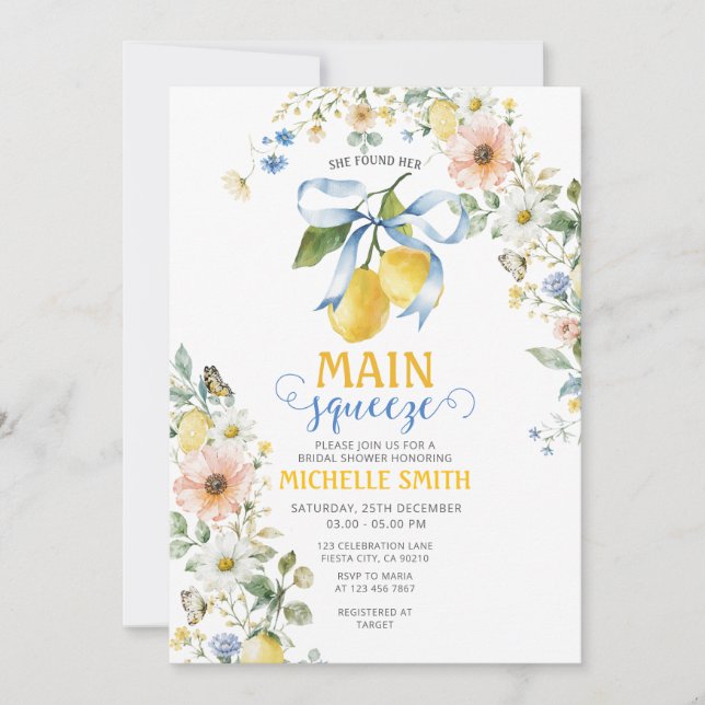 Lemon Bow Main Squeeze Bridal Shower Invitation (Front)