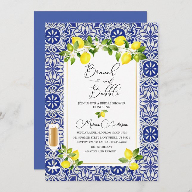 Lemon branch and blue mosaic watercolor branch and invitation (Front/Back)