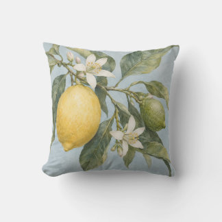 Lemon Branch Blossoms Blue Botanical Watercolor Cushion