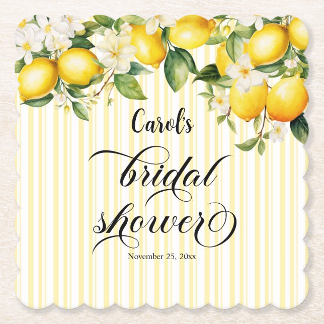 Lemon Branch Mediterranean Summer Bridal Shower Paper Coaster (Front)
