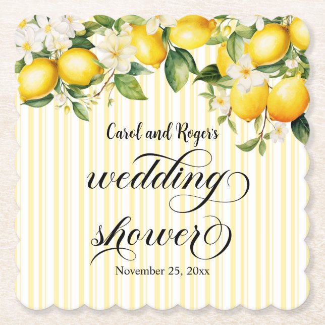Lemon Branch Mediterranean Summer Wedding Shower Paper Coaster (Front)