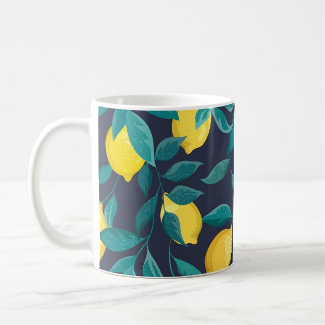 Lemon Branches: Blue Decorative Seamless Coffee Mug (Left)