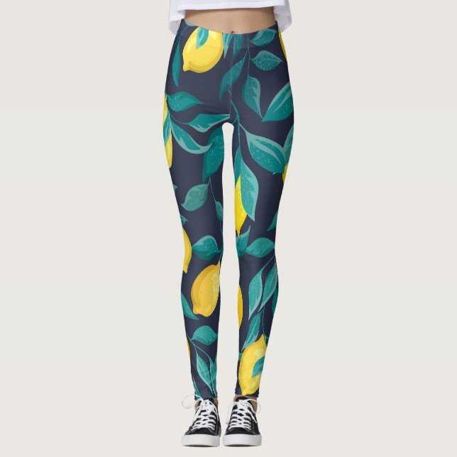 Lemon Branches: Blue Decorative Seamless Leggings (Front)