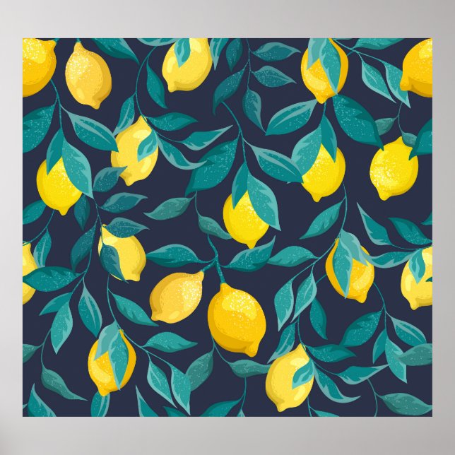 Lemon Branches: Blue Decorative Seamless Poster (Front)