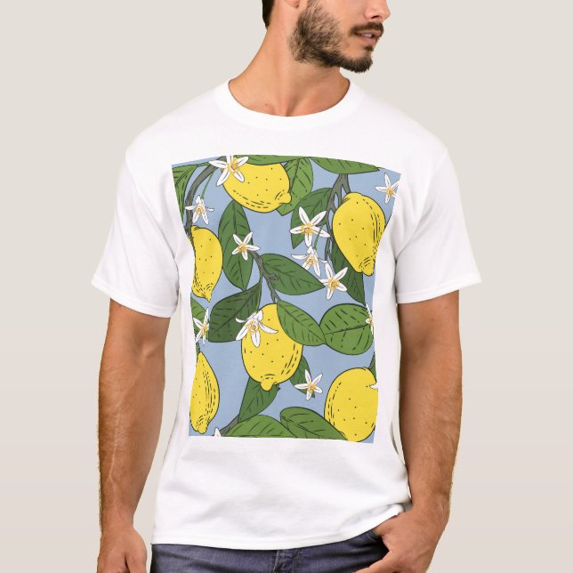 Lemon Branches: Blue Vintage Illustration T-Shirt (Front)