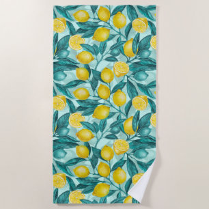 Lemon branches in blue and yellow beach towel