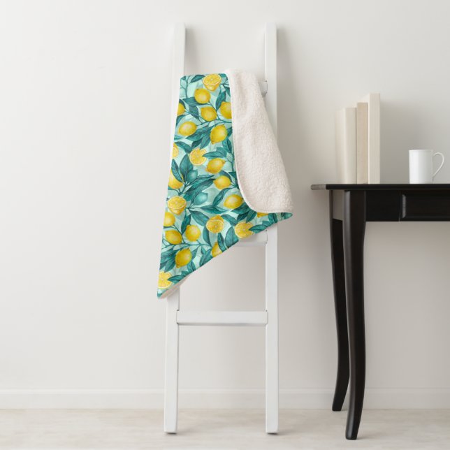 Lemon branches in blue and yellow sherpa blanket (In Situ)