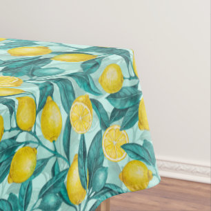 Lemon branches in blue and yellow tablecloth