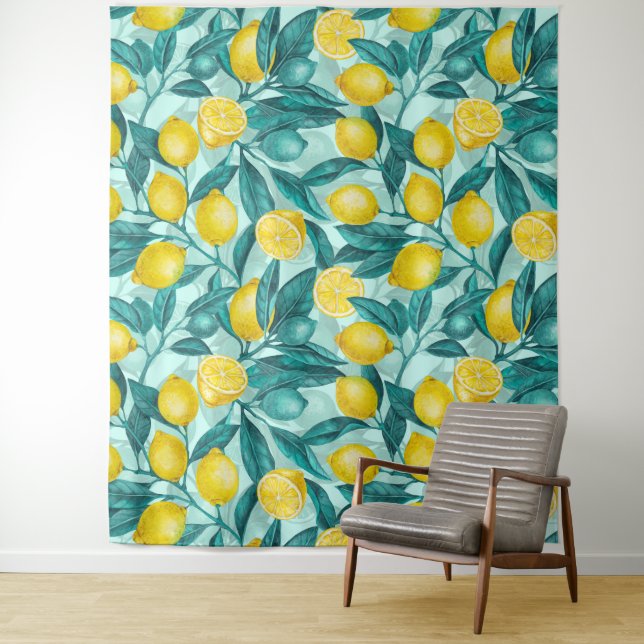 Lemon branches in blue and yellow tapestry (In Situ)