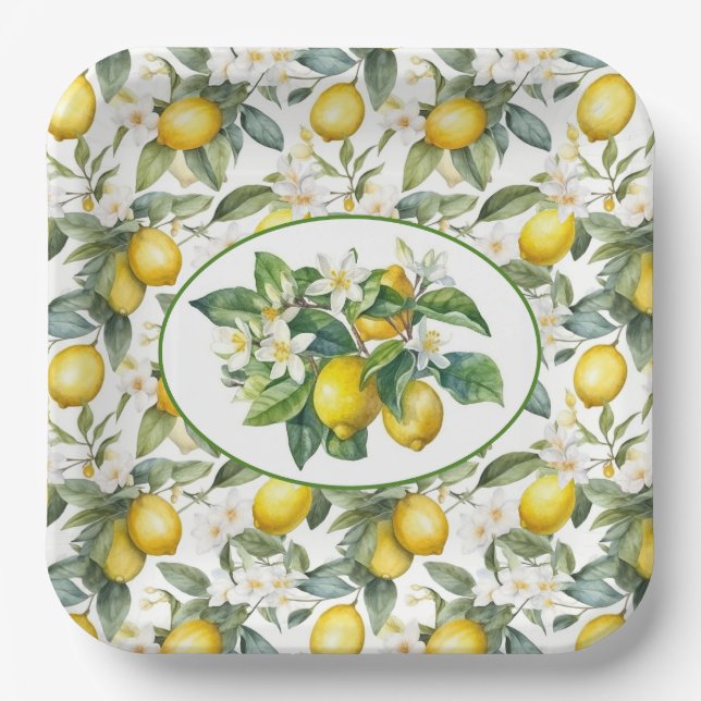 Lemon Branches Watercolor Paper Plate (Front)