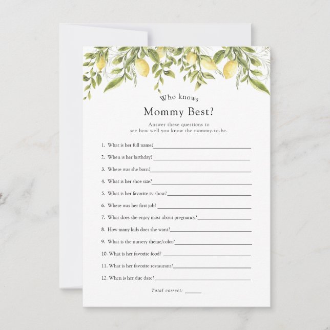 Lemon Branches Who Knows Mum Best Shower Game Card (Front)