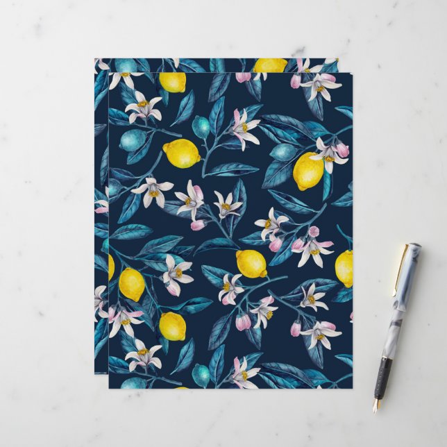 Lemon branches with blossoms and fruit on blue (Front/Back In Situ)