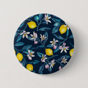 Lemon branches with blossoms and fruit on blue 6 cm round badge