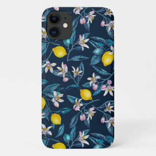 Lemon branches with blossoms and fruit on blue Case-Mate iPhone case