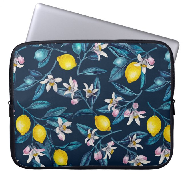 Lemon branches with blossoms and fruit on blue laptop sleeve (Front)