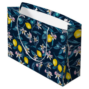 Lemon branches with blossoms and fruit on blue large gift bag
