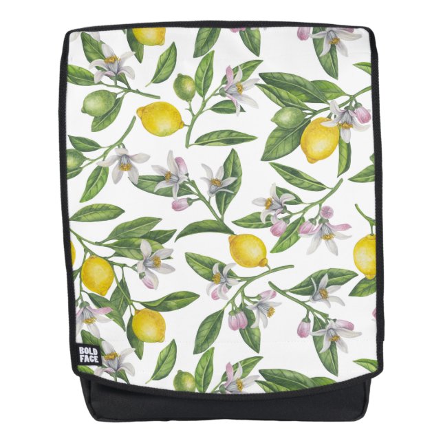 Lemon branches with blossoms and fruit on white backpack (Front)