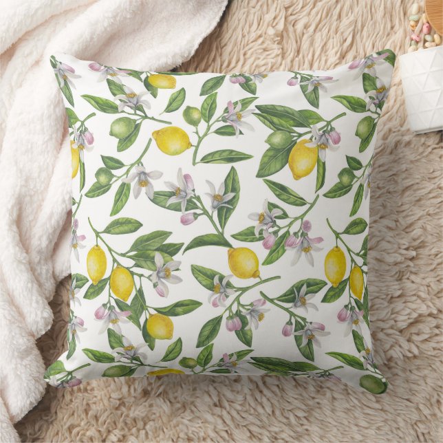 Lemon branches with blossoms and fruit on white cushion (Blanket)