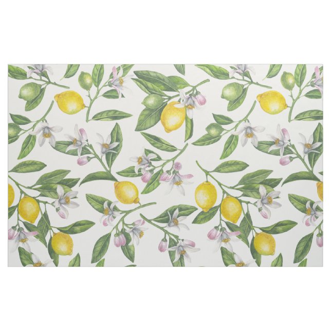 Lemon branches with blossoms and fruit on white fabric (Fat Quarter)